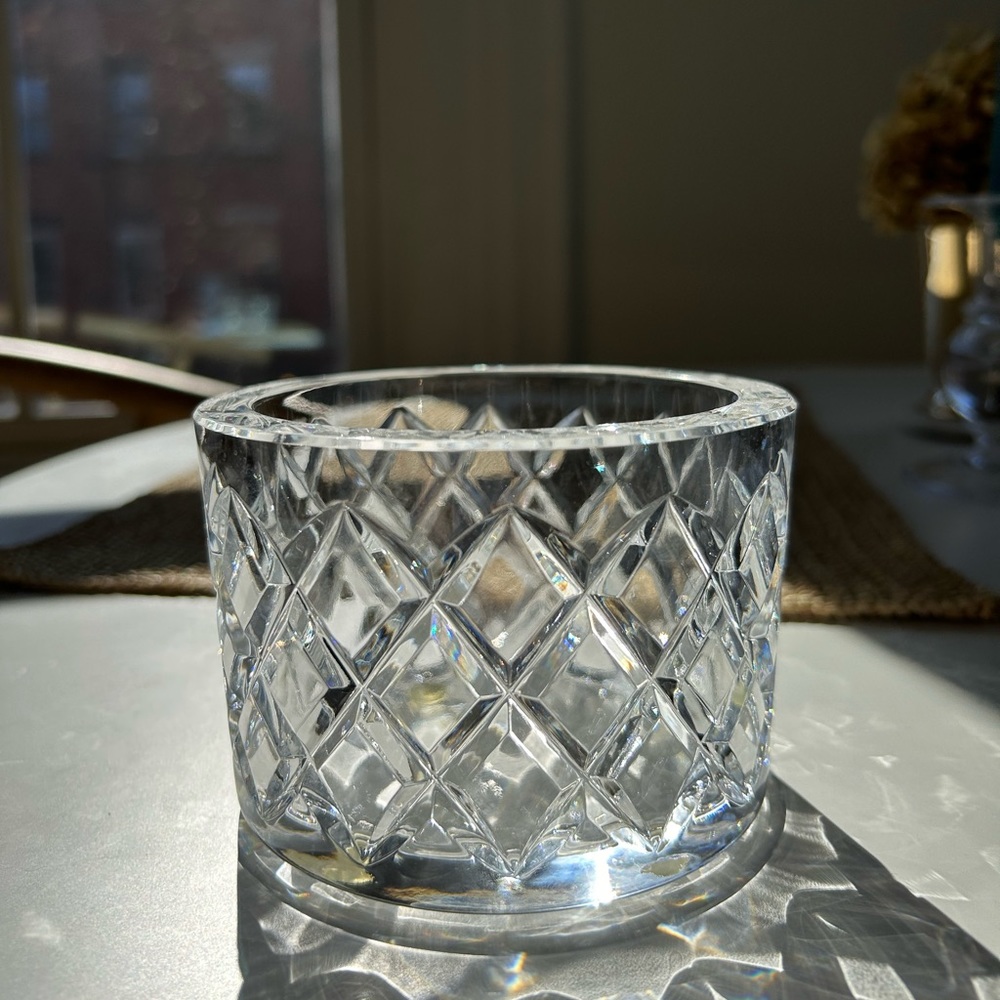 Brand new in box Orrefors crystal “legends” checkered bowl. 3”h x 4 3/4 width